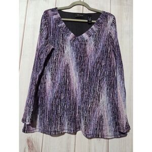 Axcess Womens XL Purple Abstract Mesh V-Neck Long Sleeve Lined Blouse Top